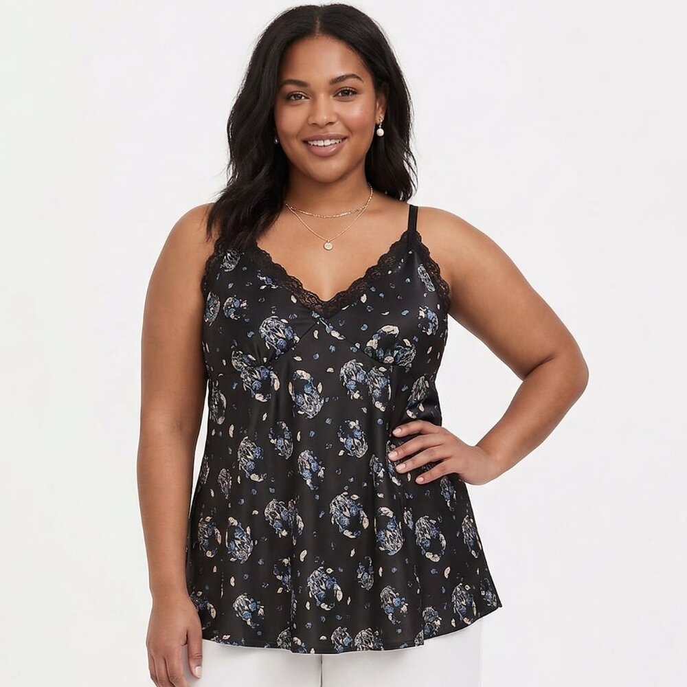 Torrid Curve Tank Top Babydoll Black Floral Lace Satin Goth Whimsigoth Fairy 5X